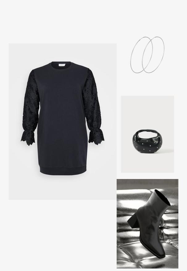 Sort sweatshirtskjorte med rund halsudskæring, der har lange sorte blonderærmer med bølgede kanter og blomster mønstre. Blødt bomuldsblandingsstof.; Sorte ankelstøvler lavet af glossy materiale med firkantet tå og spidse hæle, sat mod en skinnende sølv tuftet baggrund.; Sort læderhåndtaske med en rundet form, dekoreret med sølvnitter, og et kort håndtag. Glat tekstur og lynlåslukning.; Sølvøreringe med et minimalistisk design. Cirkulær form, glat tekstur og tynd profil. Letvægtige med en poleret overflade.