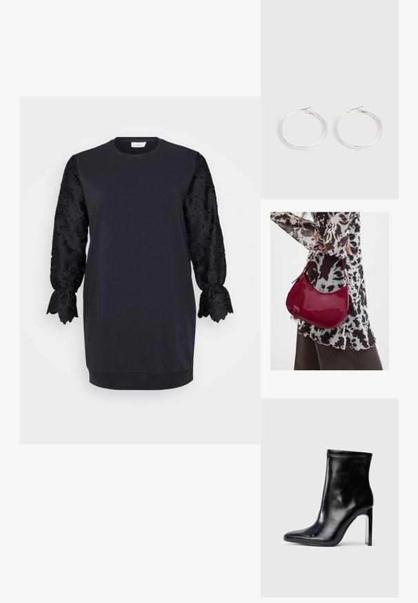 Sort sweatshirtskjorte med rund halsudskæring, der har lange sorte blonderærmer med bølgede kanter og blomster mønstre. Blødt bomuldsblandingsstof.; Sorte læder ankelstøvle med spidse tæer og høj klar hæl. Glat tekstur og minimal syning på overmaterialet.; Kvinde iført en sort- og hvidmønstret bluse, der holder en blank rød skuldertaske mod en ensfarvet baggrund.; Par skinnende sølvøreringe med tynde trådlåse, vist på en lys grå baggrund.