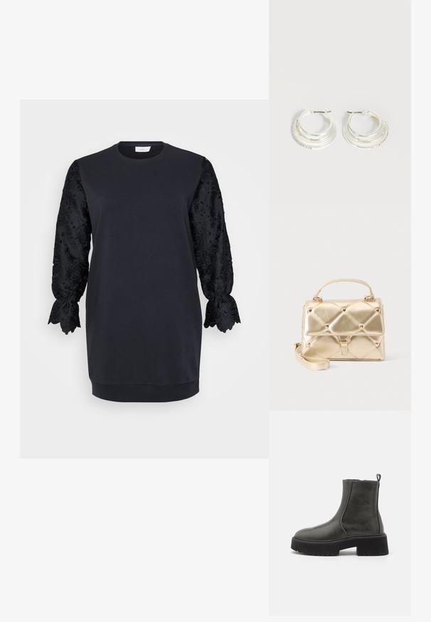 Schwarzes Sweatshirtkleid mit rundem Ausschnitt, ausgestattet mit langen schwarzen Spitzenärmeln mit gewellten Kanten und floralen Mustern. Aus weichem Baumwollgemisch.; Schwarze Knöchelstiefel mit einem glatten synthetischen Obermaterial, elastischen Seitenpaneelen, einer Zuglasche und einer klobigen Gummisohle.; Kleine metallische goldfarbene Handtasche mit Tragegriff oben, abnehmbarem Schulterriemen, gesteppter Musterung und goldfarbenen Nieten auf einem einfarbigen Hintergrund.; Silberne Creolen mit drei geschichteten halbkreisförmigen Bändern, eines davon verziert mit kleinen klaren Kristallen auf hellem Hintergrund.