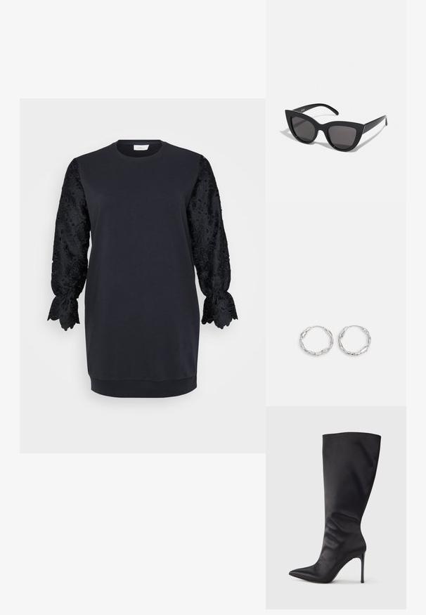 Vestido sudadera negro con escote redondo, que presenta largas mangas de encaje negro con bordes festoneados y patrones florales. Tejido de mezcla de algodón suave.; Bota negra hasta la rodilla con tacón de aguja, hecha de material liso y elegante; punta puntiaguda; ajuste ceñido con un sutil fruncido cerca del tobillo; tacón brillante.; Gafas de sol negras en forma de ojo de gato con un acabado mate, que presentan lentes ahumados grises, ángulos pronunciados y brazos laterales elegantes. Nombre de la marca visible en el interior del brazo.; Pendientes de aro plateados con textura ondulada e irregular. Presentan una forma circular delgada y un acabado reflectante.