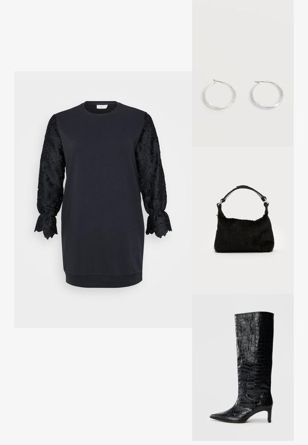 Vestido sudadera negro con escote redondo, que presenta largas mangas de encaje negro con bordes festoneados y patrones florales. Tejido de mezcla de algodón suave.; Botas negras de media caña con textura brillante de patrón de cocodrilo, punta afilada y tacón cónico. Material sintético liso.; Bolso de mano de piel sintética negra con una textura suave, forma redondeada y una resistente correa de cuero negro para el hombro. Acentos de herrajes plateados visibles.; Pendientes de aro de metal plateado con superficie lisa y ligeramente curvada y cierre de tipo mosquetón sobre un fondo blanco liso.