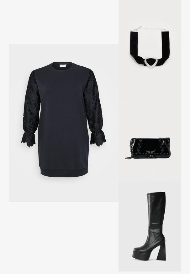 Sort sweatshirtskjorte med rund halsudskæring, der har lange sorte blonderærmer med bølgede kanter og blomster mønstre. Blødt bomuldsblandingsstof.; Sorte læder knæhøje støvler med en chunky platform og geometrisk høj hæl. Glat tekstur med syede detaljer ved den øverste kant.; Sort clutch i laklæder med nitteaccenter, kæderem, klaplås og præget vinge-detalje foran, glat tekstur, rektangulær form.; Sort fløjlschoker med en hjerteformet, rhinsten-beklædt midtpunkt og sølvhardware, der har en justerbar kæde.