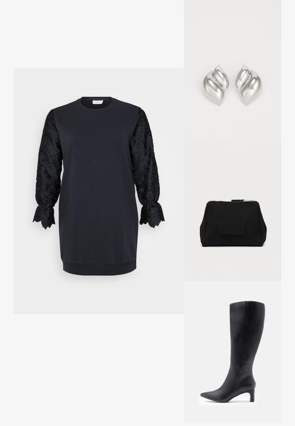 Schwarzes Sweatshirtkleid mit rundem Ausschnitt, ausgestattet mit langen schwarzen Spitzenärmeln mit gewellten Kanten und floralen Mustern. Aus weichem Baumwollgemisch.; Schwarze Lederstiefel in Knielänge mit spitzen Zehen, ausgestattet mit einem schlanken Design und einem kleinen Blockabsatz. Glatte Textur mit minimalen Akzenten.; Schwarze, rechteckige Tasche mit strukturierter Oberfläche, Reißverschluss und einem kleinen Stoff-Logopatch in der Mitte der Vorderseite.; Silberne Ohrringe mit einer organischen, abstrakten Form. Glatte, glänzende Oberfläche mit einem konischen Design. Mit dezenten Kurven und einem zentralen Linienelement.