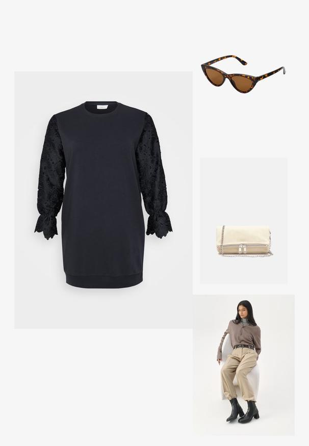 Sort sweatshirtskjorte med rund halsudskæring, der har lange sorte blonderærmer med bølgede kanter og blomster mønstre. Blødt bomuldsblandingsstof.; Kvinde med langt sort hår, der læner sig op ad en hvid buet stol iført en taupe bluse, beige bukser, sort bælte og sorte ankelstøvler med hæl.; Kat-ejede solbriller med en sort og orange skildpaddemønstret stel, brune linser og slanke, spidse ender. Har et minimalistisk logo på skabelsen.; Beige ruskinds clutche med en sølv kædestrop, som har en lynlåslukning og dobbelte sølv hardware detaljer. Glat tekstur med et minimalistisk design.