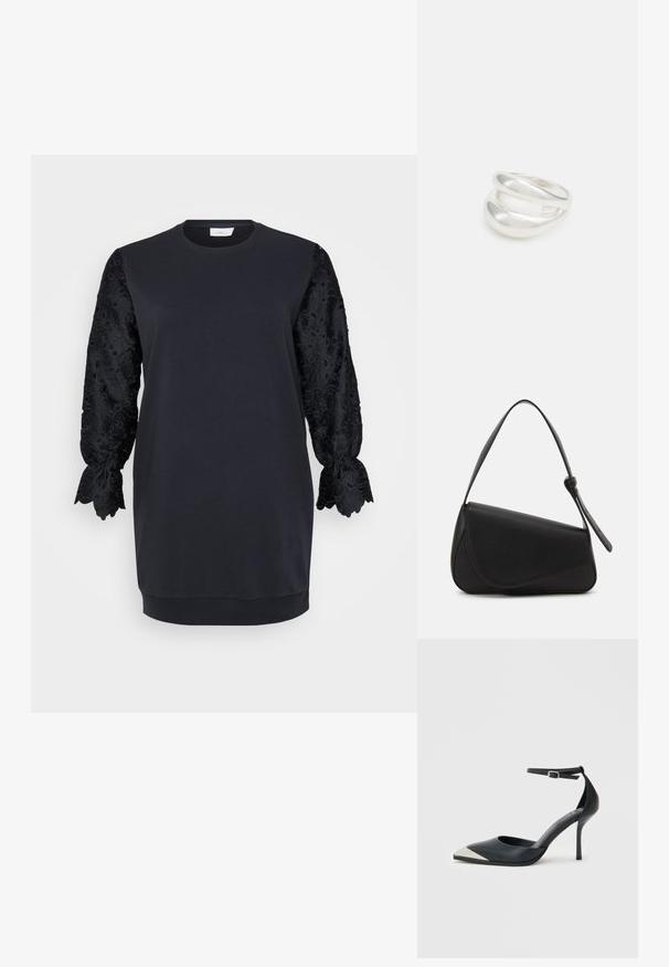 Vestido sudadera negro con escote redondo, que presenta largas mangas de encaje negro con bordes festoneados y patrones florales. Tejido de mezcla de algodón suave.; Zapato de tacón alto negro con punta puntiaguda, puntera metálica plateada y correa al tobillo con cierre de hebilla sobre fondo blanco.; Bolso de mano de cuero negro con forma triangular, tapa en ángulo y un asa superior redondeada. Presenta una textura suave y detalles de diseño minimalistas.; Anillo de plata de doble banda con una superficie lisa y pulida. Presenta un diseño fluido y curvado con secciones superpuestas para un aspecto moderno.