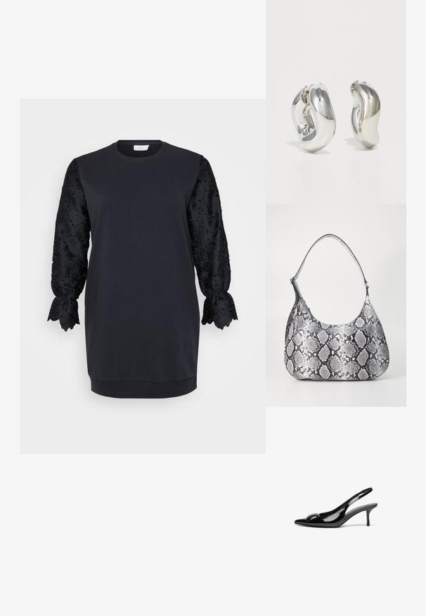 Sort sweatshirtskjorte med rund halsudskæring, der har lange sorte blonderærmer med bølgede kanter og blomster mønstre. Blødt bomuldsblandingsstof.; Sorte laklæder slingback hæle med spidse tæer og en blank finish. Har en slank hæl og en rund detalje ved vampen.; Sort-hvid slangemønster skuldertaske med en rund form, glat tekstur og en buet rem. Har et sølvfarvet hardware-accents.; Sølvskulpturelle øreringe med glatte, buede former og reflekterende overflader. Har et lukket hoop-design og en markant organisk form.