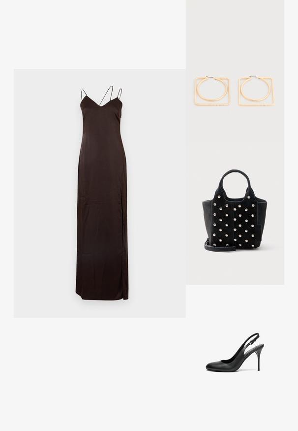 Lange bruine jurk van gladde stof, met een V-hals, dunne verstelbare bandjes en een zijsplit voor bewegingsvrijheid.; Zwarte leren slingback pump met een spitse neus, dunne stiletto hak en verstelbare band. Glad textuur en minimalistisch ontwerp.; Zwarte suède handtas met ronde zilveren studs, twee korte handvatten en een afneembare schouderriem op een witte achtergrond.; Goudkleurige oorbellen met ronde ringen binnen grotere vierkante frames met kleine ingebedde kristallen aan de onderkant van de vierkanten.