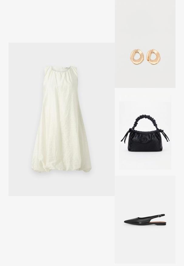 Witte mouwloze jurk met een geraffineerde halslijn en een los, ballonachtig model. Gemaakt van een textuurstof, valt hij boven de knie.; Zwarte leren slingback schoen met een spitse neus, subtiele glans en een verstelbare enkelband. Platte hak met een brown inlegzool.; Zwarte handtas met krokodillenstructuur, geplooide bovenrand, samengevoerde handgreep en koordtassels aan elke kant tegen een witte achtergrond.; Set van onregelmatig gevormde, gepolijste hoepel oorbellen van goudkleurig metaal met een open midden op een effen witte achtergrond.