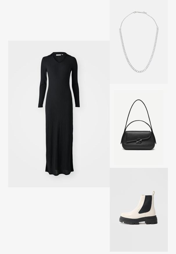 Musthave mustriba maxi kleit pikade varrukatega, v-kaelusega ning keha figureeriva lõikega, valmistatud pehmest, tekstureeritud kangast.; Kreemvalgest nahast Chelsea saapad paksu musta tallaga ja elastsete mustade külgapanusega tavalise valge tausta ees.; Mustast nahast käekott ümarate äärtega, asümmeetrilise kaanega, metallist ümar lukk ja nii lühikeste kui ka pikkade õlapaeltega.; ALDO MIRAOLLA - Kaelakee - silver-coloured