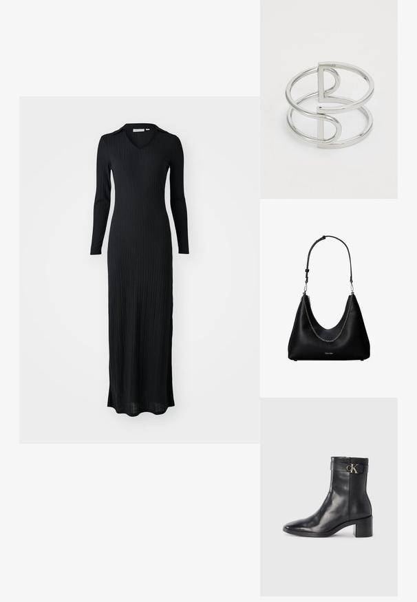 Schwarzes, geripptes Maxikleid mit langen Ärmeln, V-Ausschnitt und taillierter Silhouette, aus einem weichen, strukturierten Stoff gefertigt.; Schwarze Leder-Ankle Boots mit spitzem Zehenbereich, Blockabsatz und einem Riemen mit einem metallischen Logodetail. Glatte Textur und minimales Design.; Schwarze Lederhandtasche mit silberner Kettendetail und verstellbarem Schulterriemen, mit Calvin Klein Logo auf der Vorderseite.; Silberner Metallarmreif mit einem Doppel-Schleifen-Design, glatter, glänzender Oberfläche und einem minimalistischen geometrischen Akzent.