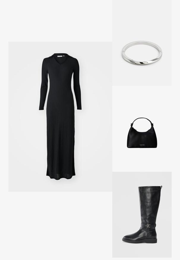 Schwarzes, geripptes Maxikleid mit langen Ärmeln, V-Ausschnitt und taillierter Silhouette, aus einem weichen, strukturierten Stoff gefertigt.; Schwarze Lederkniehohe Stiefel mit niedrigem Absatz, runder Spitze und metallischem "CK"-Logo-Riemen um den Knöchel.; Schwarze, strukturierte Lederhandtasche mit einem Tragegurt und silbernem Calvin Klein-Logo auf der Vorderseite, Reißverschluss an der Seite.; Silbernes Metallarmband mit einer glatten, glänzenden Oberfläche und flachen Kanten. Verfügt über ein offenes, kreisförmiges Design mit einem subtilen Verschlussdetail.