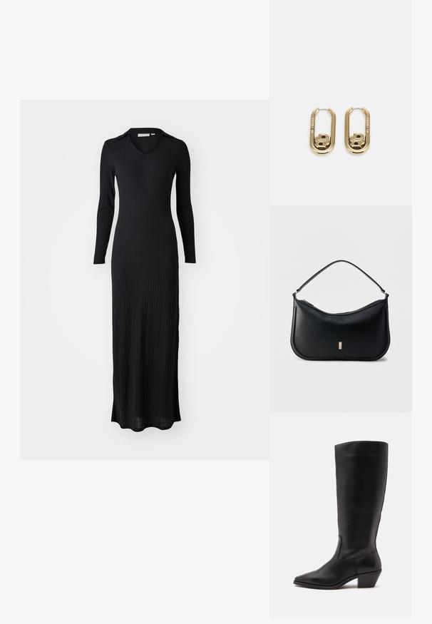 Musthave mustriba maxi kleit pikade varrukatega, v-kaelusega ning keha figureeriva lõikega, valmistatud pehmest, tekstureeritud kangast.; Must nahktõmmiku keskmise säärega saabas, millel on terav nina ja madal kaldu konts heledal ühevärvilisel taustal.; Mustast nahast õlakott ühes rihmas, minimalistliku disainiga, kaardus põhjaga ja väikese kulla värvi ristkülikukujulise logoplaadiga ees.; BOSS DOUBLE B SWING - Kõrvarõngad - gold-coloured