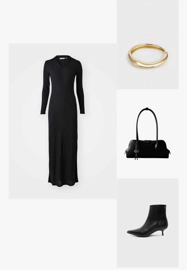 Schwarzes, geripptes Maxikleid mit langen Ärmeln, V-Ausschnitt und taillierter Silhouette, aus einem weichen, strukturierten Stoff gefertigt.; Schwarzer Leder-Knöchel-Stiefel mit spitzer Spitze und niedrigem Kittenabsatz vor hellem Hintergrund, seitliche Ansicht.; Schwarze Lederhandtasche von Calvin Klein mit langen Henkeln, einem vorderen Logo-Tag und einem silbernen geometrischen Anhänger, der an einem Henkel hängt.; Goldfarbener Armreif mit einem glatten, abgerundeten Design. Verfügt über eine polierte Oberfläche und einen offenen Rücken für ein einfaches Tragen.