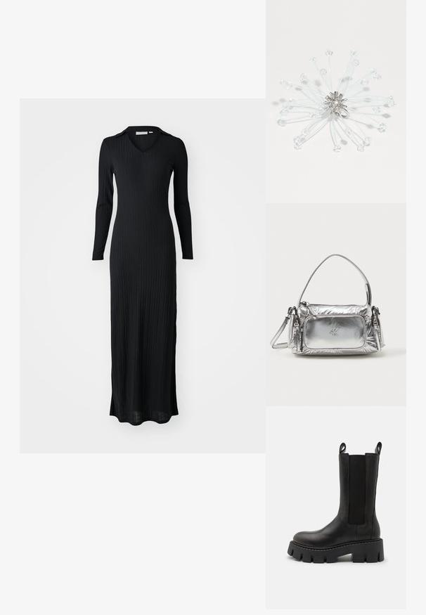 Musthave mustriba maxi kleit pikade varrukatega, v-kaelusega ning keha figureeriva lõikega, valmistatud pehmest, tekstureeritud kangast.; Mustad nahast pahkluu saapad elastsete külgpaneelidega, tõmblukkude ja paksu reljeefse tallaga, ning tugevdatud õmblustega. Pind on sile.; Metallist hõbedane käekott, millel on ristküliku kuju, ülemine tõmblukk ja eesmine tasku. Omab lühikest käepidet ja reguleeritavat rihma. Struktuuriga viimistlus.; Kristallist broš, mis on valmistatud hõbedatooni metallist, sisaldab läbipaistvaid helmeid õhukestel traadidel, mis on korraldatud päikeseratta mustrisse, rõhutades läbipaistvust ja valguse peegeldumist.