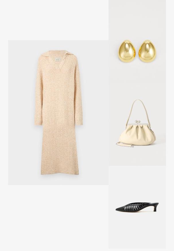 Robe en tricot beige avec un col en V et un col, des manches longues et des poignets côtelés. Texture douce avec un motif légèrement texturé sur l'ensemble.; Mule en cuir noir avec bout pointu, design découpé à brides et petit talon kitten sur fond blanc.; Sac à main en cuir souple couleur crème avec un design froncé, fermoir cadre argenté, poignée courte et bandoulière chaîne amovible.; Boucles d'oreilles clous de couleur or avec une surface lisse et polie, en forme de goutte d'eau, réfléchissant la lumière pour un fini éclatant.