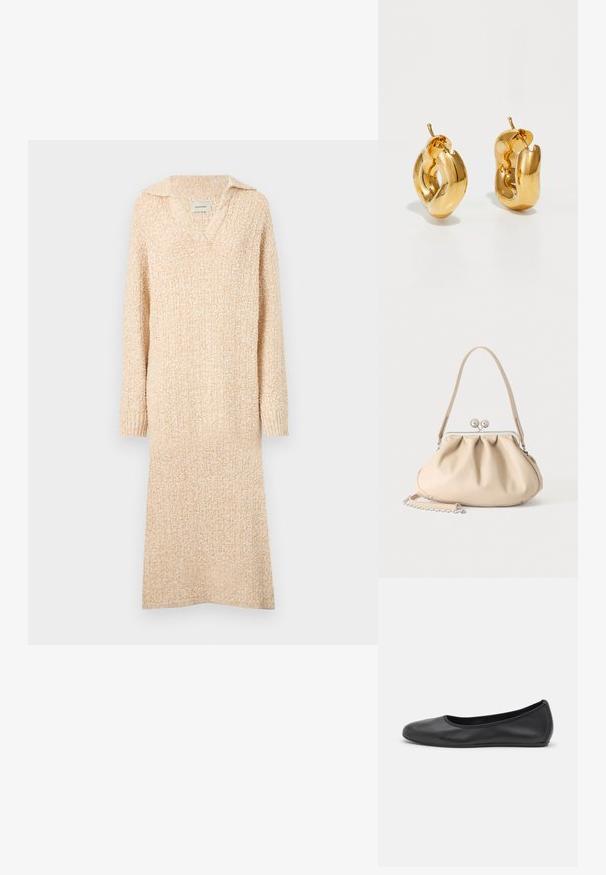 Robe en tricot beige avec un col en V et un col, des manches longues et des poignets côtelés. Texture douce avec un motif légèrement texturé sur l'ensemble.; Ballerines en cuir noir avec un bout rond, texture lisse, détails de couture minimalistes et design de semelle flexible.; Sac à main en cuir souple beige avec un fermoir en métal argenté, une bandoulière simple et une bandoulière chaîne optionnelle sur fond blanc.; Boucles d'oreilles créoles en or massif avec un design tubulaire légèrement tordu et des fermoirs à tige sur un fond blanc.