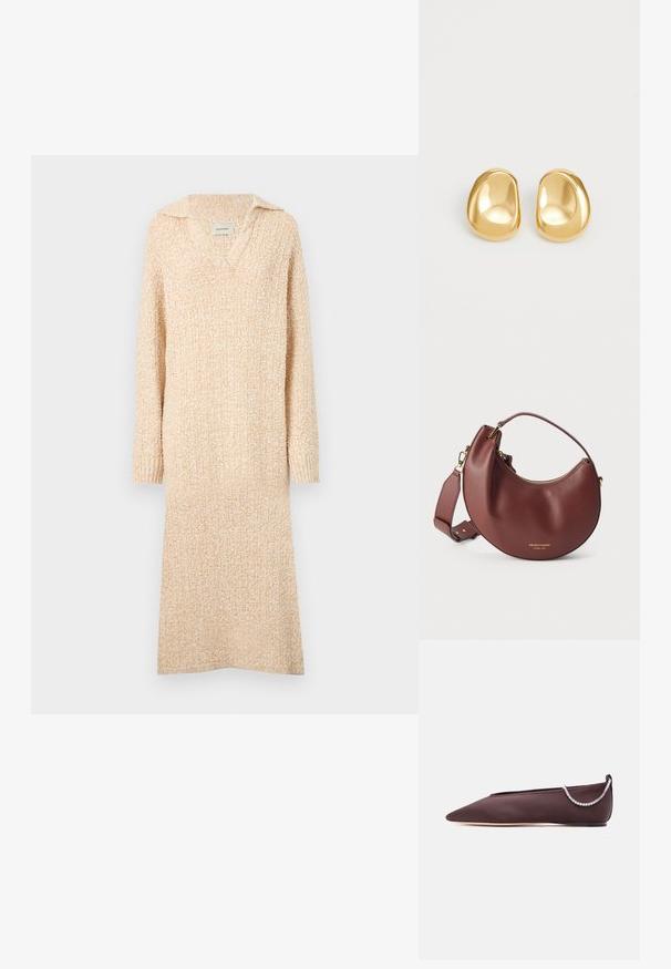Robe en tricot beige avec un col en V et un col, des manches longues et des poignets côtelés. Texture douce avec un motif légèrement texturé sur l'ensemble.; Chaussure plate marron foncé à bout pointu avec un petit talon et un détail chaîne en strass argentée à l'arrière.; Sac à main en cuir marron en forme de croissant avec fermeture éclair dorée et bandoulière réglable sur fond blanc.; Boucles d'oreilles en forme de clou de couleur or, avec une forme lisse et arrondie et une surface réfléchissante, mettant en avant un design minimaliste sans motifs visibles.
