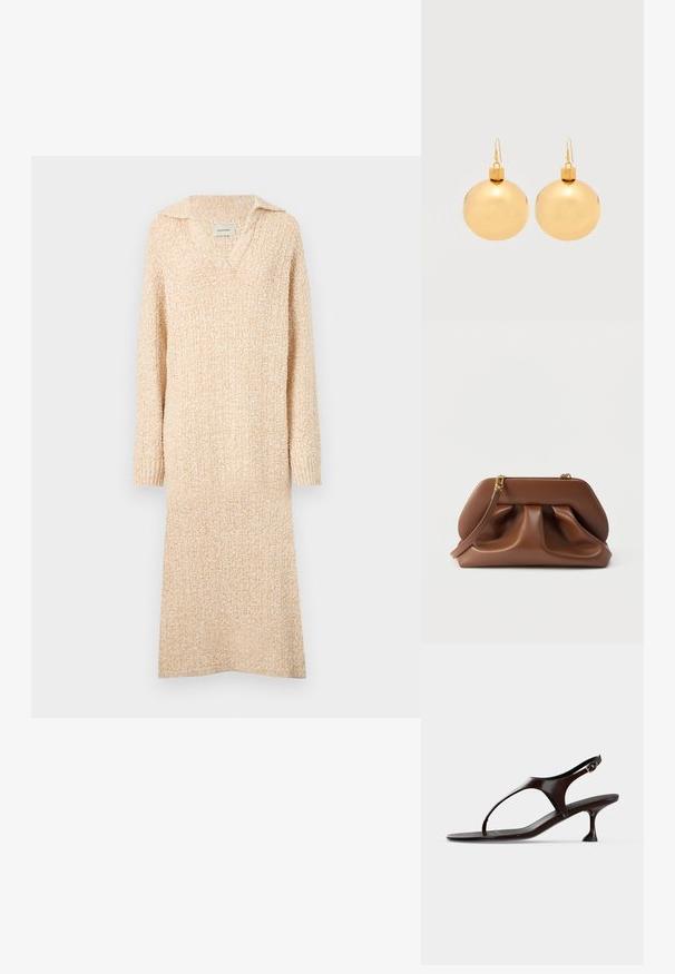 Beige gebreide jurk met een V-hals en kraag, lange mouwen en geribde manchetten. Zachte textuur met een licht gestructureerd patroon over het geheel.; Donkerbruine lakleren slingbacksandaal met kittenheel en teenbandje op witte achtergrond.; Bruine leren clutch met een geplooid ontwerp, goudkleurige hardware en afneembare polsband, op een witte achtergrond.; Een paar glanzende gouden kerstbal-oorbellen met haaksluitingen op een effen witte achtergrond.