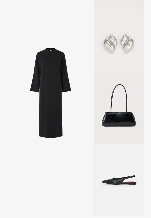 Schwarzes Langarmkleid mit hohem Kragen, aus einem glatten, strukturierten Stoff gefertigt. Hat einen geraden Schnitt und fällt unter das Knie.; Schwarzer Leder Slingback-Schuh mit spitzer Zehenform, subtiler Glanz und verstellbarem Knöchelriemen. Flacher Absatz mit einer braunen Innensohle.; Schwarze rechteckige Schultertasche mit langen dünnen Trägern und einer glatten, glänzenden Textur auf einfarbigem Hintergrund.; Silberne Ohrringe mit einer organischen, abstrakten Form. Glatte, glänzende Oberfläche mit einem konischen Design. Mit dezenten Kurven und einem zentralen Linienelement.