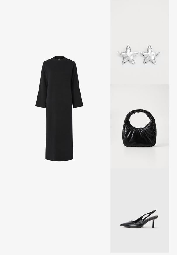 Vestido negro de manga larga con cuello alto, hecho de una tela lisa y texturada. Presenta un corte recto y cae por debajo de las rodillas.; Zapato de tacón alto negro de cuero con puntera afilada y tacón delgado sobre un fondo blanco.; Bolso negro acolchado con un asa redondeada, que presenta una superficie lisa y brillante y una textura suave y acolchada. Sin herrajes ni acentos visibles.; Pendientes en forma de estrella plateada con una superficie pulida y brillante. Cada pendiente presenta cinco puntas y sutiles detalles de textura en la superficie.