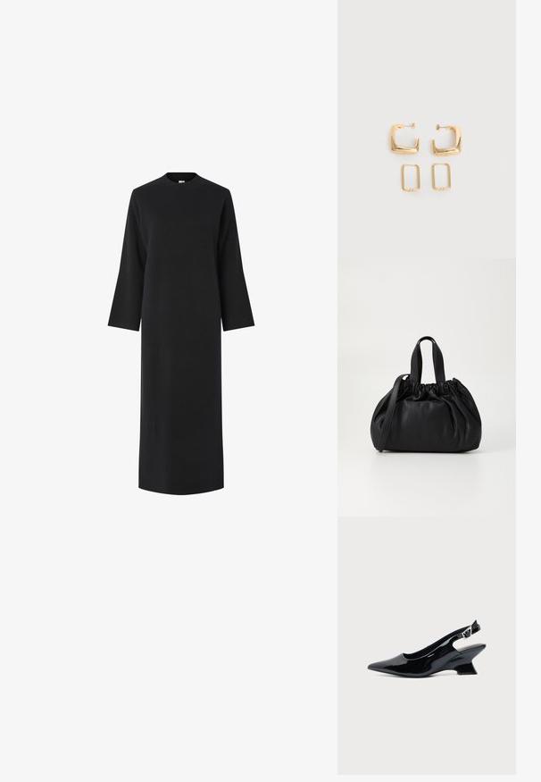 Sort langærmet kjole med høj halsudskæring, lavet af et glat, tekstureret stof. Har en lige pasform og falder under knæene.; Sort laklæder slingback sko med spids tå og lav vinklet blokhæl på ensartet lys baggrund.; Sort læderhåndtaske med en samlet topdesign, der har to korte håndtag og en lang justerbar rem. Glat overflade, rund form.; To par guldfarvede geometriske hoop-øreringe på en ensfarvet hvid overflade, et par firkantede og solide, et par rektangulære og hule.