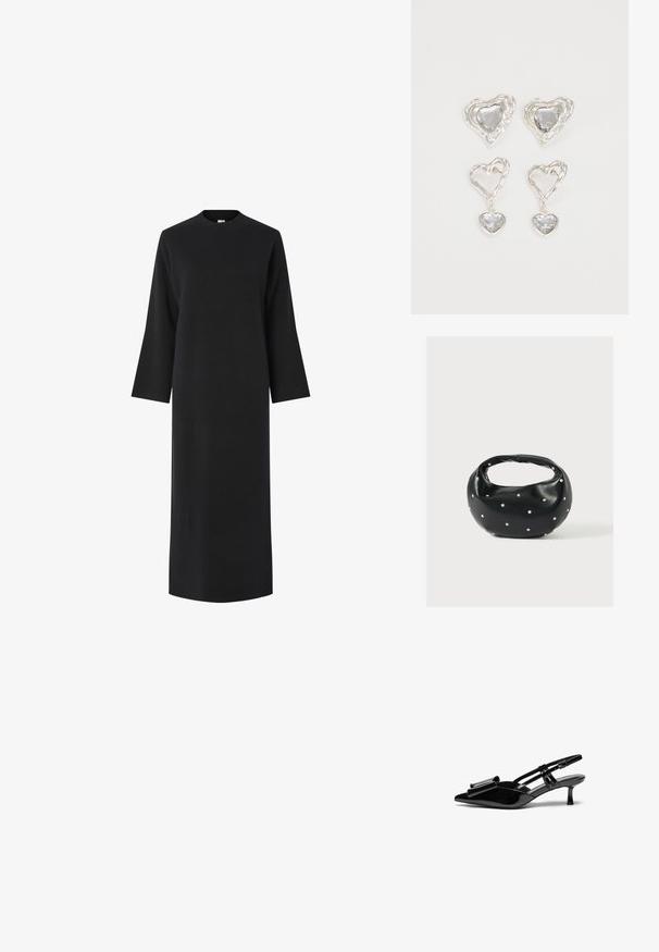 Robe noire à manches longues avec un col haut, confectionnée dans un tissu lisse et texturé. Elle a une coupe droite et tombe sous les genoux.; Talons aiguilles en cuir verni noir avec un bout pointu, un détail en nœud à l'avant et un petit talon stiletto. Les brides sont équipées de boucles ajustables.; Sac à main en cuir noir de forme arrondie, décoré de clous argentés et équipé d'une poignée courte. Texture lisse et fermeture éclair.; Des boucles d'oreilles en argent en forme de cœur présentent des pierres claires facettées, avec un cadre texturé. L'ensemble comprend des styles à clou et des styles pendants.