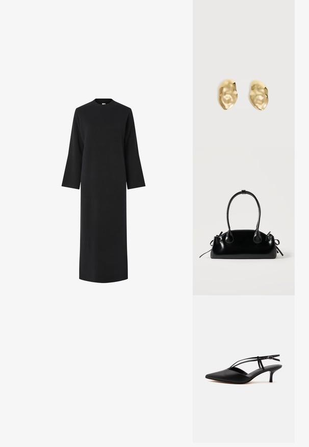 Robe noire à manches longues avec un col haut, confectionnée dans un tissu lisse et texturé. Elle a une coupe droite et tombe sous les genoux.; Escarpin noir en cuir à bout pointu avec petit talon kitten, fine bride de cheville avec boucle, design slingback, sur un fond uni clair.; Petit sac à main noir brillant avec deux longues anses et des détails à cordon sur les côtés sur un fond clair uni.; Paire de boucles d'oreilles en métal doré brillant, de forme irrégulière, avec une surface froissée et lisse sur un fond clair uni.