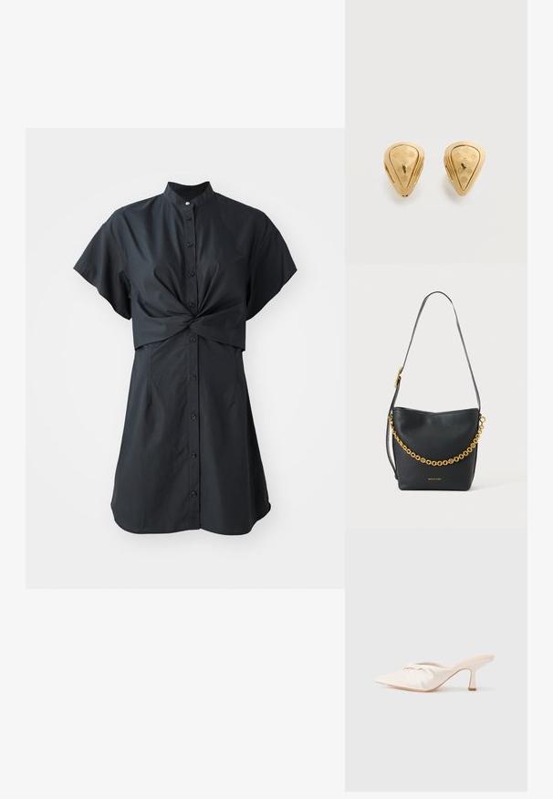 Robe noire à manches courtes avec col, présentant un détail torsadé à l'avant et une fermeture à boutons, fabriquée dans un tissu léger et lisse.; Chaussure mule en tissu beige clair avec un design noué à l'avant, bout pointu et talon fin et effilé. Texture lisse dans l'ensemble.; Sac à bandoulière en cuir noir avec une large sangle et une chaîne dorée décorative, avec un petit logo doré à l'avant.; Paire de boucles d'oreilles en forme de goutte d'eau dorées, ornées de motifs gravés floraux et géométriques sur un fond uni.