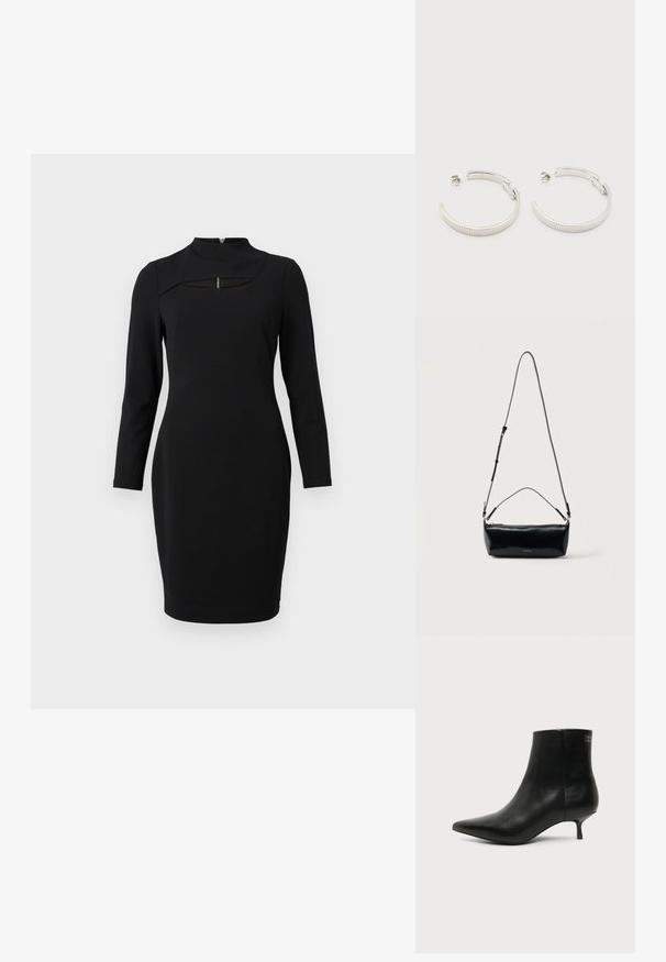 Schwarzes Langarmkleid mit hohem Kragen, das unter dem Kragen mit einem Schlüssel-ausschnitt versehen ist und aus einem glatten, dehnbaren Stoff gefertigt ist.; Schwarzer Leder-Knöchel-Stiefel mit spitzer Spitze und niedrigem Kittenabsatz vor hellem Hintergrund, seitliche Ansicht.; Schwarze rechteckige Leder-Umhängetasche mit verstellbarem Schulterriemen, Reißverschluss oben und kleinem goldfarbenem Calvin Klein-Logo vorne.; Ohrstecker in Silberoptik, halbkreisförmig mit geriffelter Textur und Steckverschlüssen, auf weißem Hintergrund.