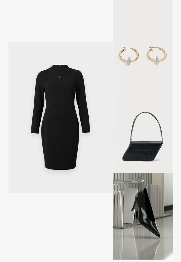 Schwarzes Langarmkleid mit hohem Kragen, das unter dem Kragen mit einem Schlüssel-ausschnitt versehen ist und aus einem glatten, dehnbaren Stoff gefertigt ist.; Schwarzer High-Heel-Schuh mit spitzer Zehe und goldem Logo, auf einer reflektierenden Oberfläche nahe einem verchromten Draht-Organizer mit Dokumenten positioniert.; Schwarze Leder-Umhängetasche mit dreieckiger Form, geprägt mit Logo und einem einzigen verstellbaren Riemen. Minimalistisches Design mit glatter Textur.; Paar goldfarbene Creolen mit kleinem silberfarbenem Schlaufen-Detail an jeder, vor hellem grauem Hintergrund präsentiert.