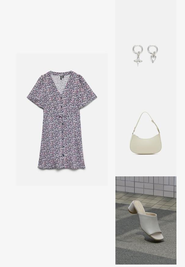 Robe à manches courtes en V avec un petit motif floral rose, blanc et noir et un détail ceinture à la taille sur fond blanc.; Mule blanche à bout ouvert avec talon bloc sur sol pavé près d'un mur carrelé, inclinée pour montrer les vues latérale et supérieure.; Pieces PCALUANA SHOULDER BAG - Sac à main - birch; Boucles d'oreilles en argent en forme de cerceau avec un charme croix et cœur. Texture lisse et brillante avec une finition polie. Chaque charmepend d'une boucle sécurisée.