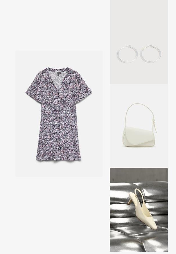 Robe à manches courtes en V avec un petit motif floral rose, blanc et noir et un détail ceinture à la taille sur fond blanc.; Chaussure à talon kitten slingback crème avec un bout carré reposant sur une surface en cuir argenté capitonnée et brillante.; Sac à main en cuir synthétique blanc avec une forme triangulaire structurée, une bandoulière unique réglable et un rabat à courbes accentuées.; Paire de boucles d'oreilles créoles argentées brillantes avec fermoirs en fil fin, présentée sur un fond gris clair.