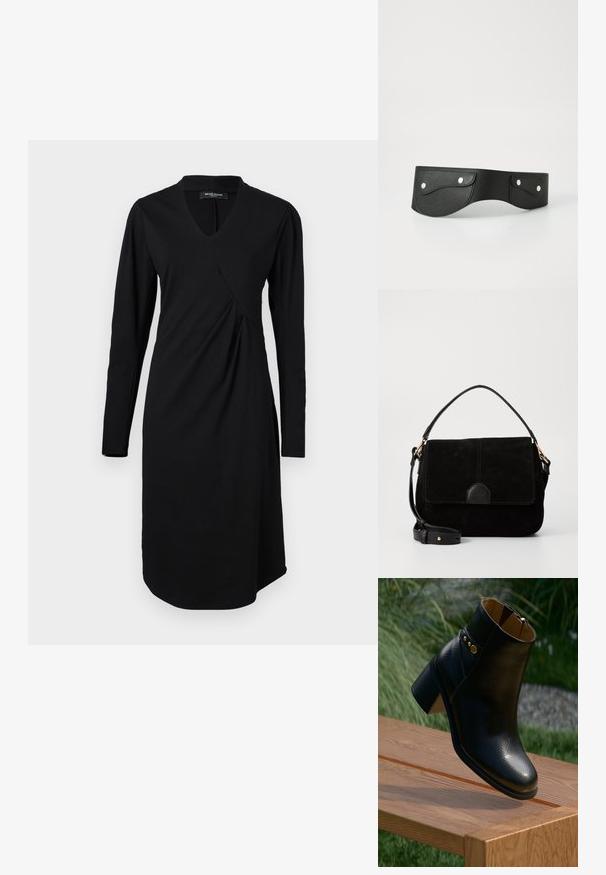 Musthave must olema musthave pitsitaguse ja ebaühtlase drapeeringuga must kleit pika varrukaga, V-kaelusega. Valmistatud pehmest kangast, sellel on ümar äär ja diskreetne Õmblusdetail.; Must must jalanõu musta nahaga, millel on tekstureeritud pind, kuldne detailnupp ja paks kand, asetatuna puidust lauale.; Must musta käsipandiga nahkportfell, millel on nahkaktsent, klappsulgur, ülevalt kantav käepide ja reguleeritav õlavöö. Sile tekstuur, minimaalne disain.; Mustmustööl se sobivate kahe ümarate taskutega, kinnitatud hõbedaste nöppudega. Sile tekstuur, kergelt kaardus disain.