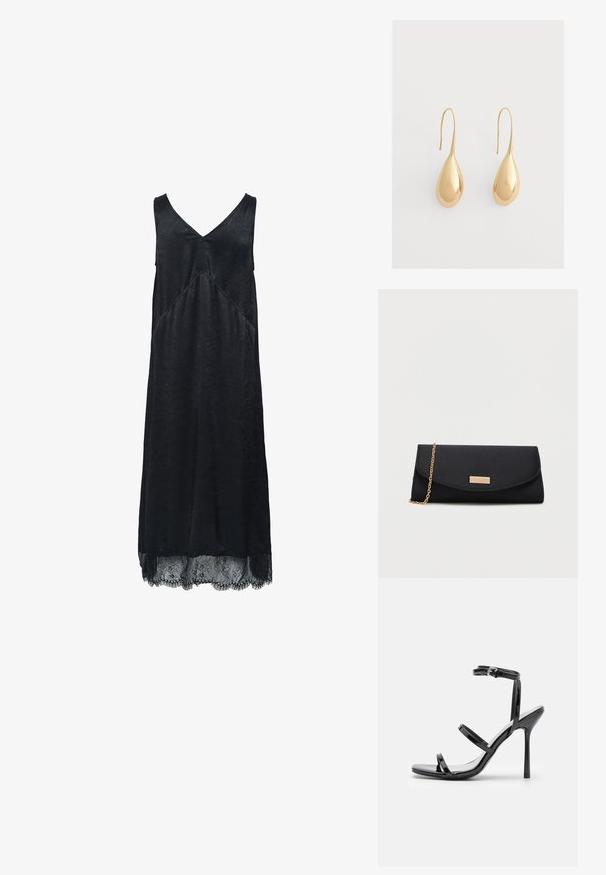 Μαύρο χωρίς μανίκια φόρεμα με V-ν neckline, textured ύφασμα και δαντελένια λεπτομέρεια στο τελείωμα. Διαθέτει διαγώνια ραφή λεπτομέρεια.; Μαύρες πατεντέ δερμάτινες σανδάλια με ψηλό τακούνι, τρία οριζόντια λουριά και ρυθμιζόμενο λουρί στον αστράγαλο. Κομψό σιλουέτα και γυαλιστερό φινίρισμα.; Μαύρη τσάντα φάκελος με χρυσή αλυσίδα και μικρή ορθογώνια χρυσή πλακέτα λογότυπου στο μπροστινό καπάκι.; Ζευγάρι λαμπερά χρυσά σκουλαρίκια σε σχήμα σταγόνας με αγκίστρια σε απλό ανοιχτό γκρι φόντο.