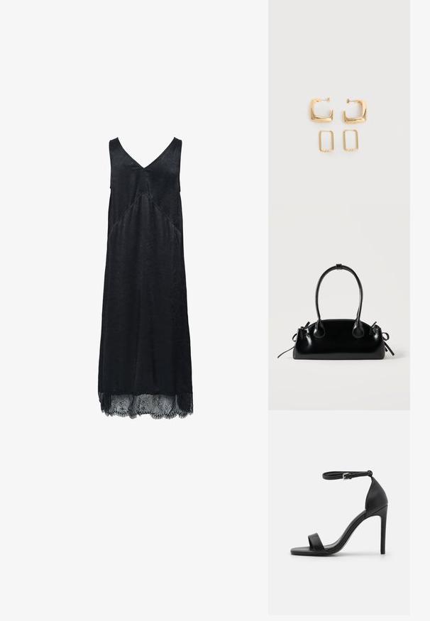 Μαύρο χωρίς μανίκια φόρεμα με V-ν neckline, textured ύφασμα και δαντελένια λεπτομέρεια στο τελείωμα. Διαθέτει διαγώνια ραφή λεπτομέρεια.; Μαύρη ψηλοτάκουνη σανδάλι με κομψό σχέδιο, διαθέτει λουρί στον αστράγαλο, ανοιχτή μύτη και λείο δερμάτινο υλικό.; Μικρή μαύρη γυαλιστερή τσάντα με δύο μακριές λαβές και λεπτομέρειες με ρυθμιζόμενο κορδόνι στο πλάι σε απλό ανοιχτό φόντο.; Δύο ζευγάρια χρυσούς γεωμετρικούς κρίκους σκουλαρίκια σε λευκή, απλή επιφάνεια, ένα ζευγάρι τετράγωνα και συμπαγή, ένα ζευγάρι ορθογώνια και κούφια.