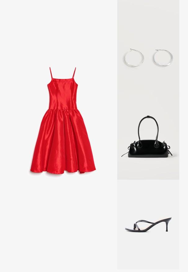 Vestido de satén rojo con tirantes finos, cuerpo ajustado y falda acampanada y fruncida. Textura suave con acabado brillante y dobladillo festoneado.; Sandalia de tacón de charol negro con tiras finas cruzadas y un tacón de aguja delgado de altura media, sobre un fondo blanco.; Pequeño bolso negro brillante con dos asas largas y detalles de cordón lateral sobre un fondo claro liso.; Pendientes de aro de metal plateado con superficie lisa y ligeramente curvada y cierre de tipo mosquetón sobre un fondo blanco liso.
