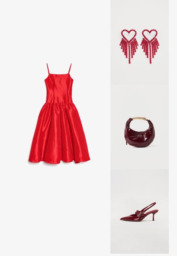 Vestido de satén rojo con tirantes finos, cuerpo ajustado y falda acampanada y fruncida. Textura suave con acabado brillante y dobladillo festoneado.; Zapatos de tacón tipo slingback en charol rojo con punta afilada, dos correas con hebilla y un tacón de stiletto delgado y de altura media. Textura suave.; Bolso de mano de piel sintética burdeos con forma redondeada, detalles fruncidos y un asa de metal dorado. Textura suave y acabado brillante.; Even&Odd by Zalando Pendientes - red