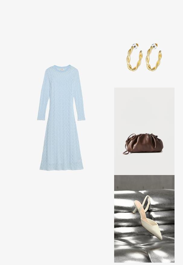 Lichtblauw langemouwen jurk gemaakt van getextureerde brei-stof met een ronde hals. Heeft een vloeiende silhoutte en een subtiel patroon.; Enkel witte slingback pumps met puntige neus en hoge hak, rustend op een glanzend, metallic zilveren gewatteerde oppervlakte.; Zachte bruine leren tas met samengevouwen bovenkant en smalle riem, liggend op een witte achtergrond.; Gouden gedraaide oorringen met een gladde afwerking, voorzien van een transparante achterkant en goudkleurige hardware.