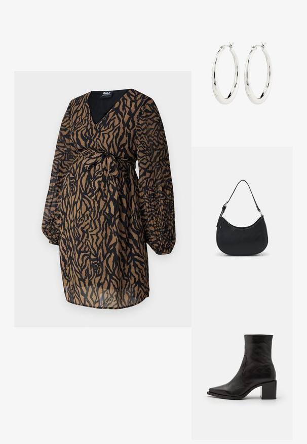 ONLY MATERNITY OLMSTAR - Hverdagskjole - dark brown; Sort læder ankelstøvle med firkantet tå og blokhæl. Designet har en glat overflade og minimale syninger.; Sort hobo taske lavet af glat læder med en buet silhuet, der har en enkelt justerbar skulderrem og minimalistiske designdetaljer.; Sølvøreringe i form af hoops med en glat, blank finish. Cirkulær form, der har en sikker lås. Simpelt og elegant design.