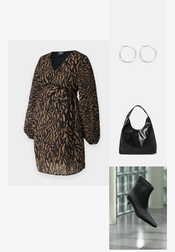 ONLY MATERNITY OLMSTAR - Hverdagskjole - dark brown; Sort læderankelstøvle med spids tå og lav kitten-hæ, vist vinklet mod en poleret gulv- og glasblokvæg.; Sort læder hobo taske med en blød, skinnende tekstur og en rund, åben top. Har en bred, buet strop til bæring. Ingen synlig hardware.; Sølv hoops øreringe har et glat, afrundet design med en slank profil og sikker spænde. Minimalistisk stil med en poleret finish.