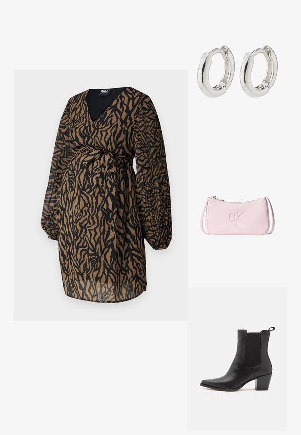 ONLY MATERNITY OLMSTAR DRESS - Hverdagskjole - dark brown; Dolce Vita SHADIE - Støvletter - black; Lyserød læder wristlet taske med lynlåslukning og præget stort "cK" logo på forsiden i midten.; Sølv hoops øreringe med en glat, poleret finish, der har en buet form og et sikkert spænde-design. Hver ørering er cirkulær.