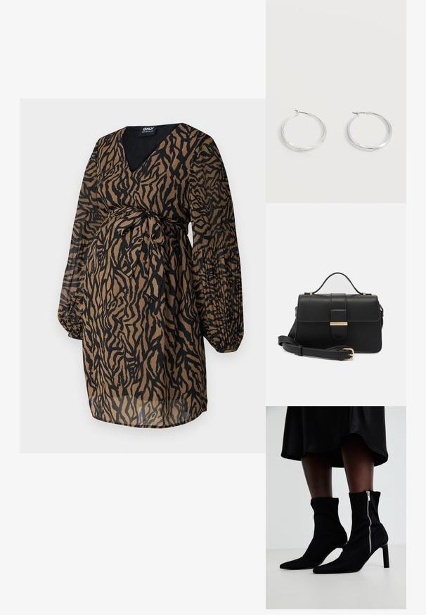 ONLY MATERNITY OLMSTAR DRESS - Denné šaty - dark brown; Čierne členkové čižmy so strečovým textilným telom, špicatou špičkou a bočným zipsom, s tenkým vysokým podpätkom.; Čierna kožená kabelka so zlatými kovovými akcentmi, obdĺžnikový tvar, zapínanie na klopu, nastaviteľný ramenný popruh, hladká textúra, minimalistický dizajn.; Strieborné kovové kruhové náušnice s hladkým, mierne zakriveným povrchom a zapínaním na poistku na jednoduchom bielom pozadí.