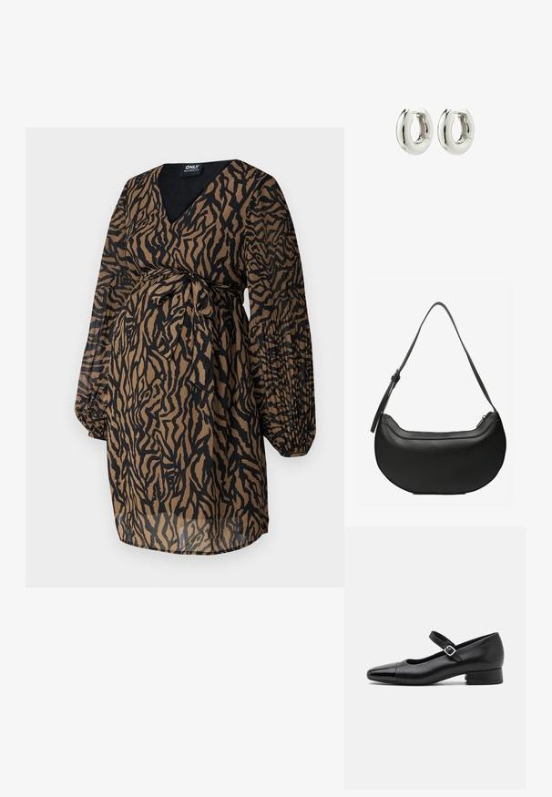 ONLY MATERNITY OLMSTAR DRESS - Hverdagskjole - dark brown; Sorte læder Mary Jane-sko med en patenttå, justerbar ankelrem og lav blokhæl. Glat tekstur og strømlinet design.; Sort læder skuldertaske i halvmåneform med en lang justerbar rem og lynlås i toppen.; Sølvøreringe med en glat, afrundet design og en blank finish. Har en enkel hængselåbning for nem påføring.