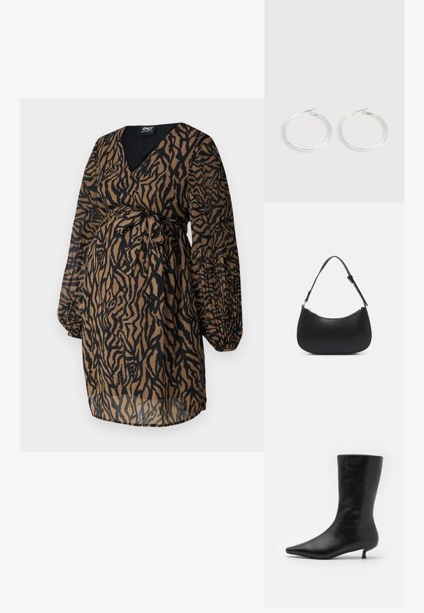 ONLY MATERNITY OLMSTAR - Hverdagskjole - dark brown; Sort læder ankelstøvle med spids tå, tætsiddende silhuet og lav, konisk hæl. Glat tekstur, minimalistisk design.; Pieces PCALUANA SHOULDER BAG - Håndtasker - black; Par skinnende sølvøreringe med tynde trådlåse, vist på en lys grå baggrund.