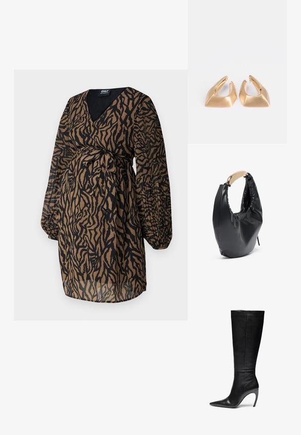 ONLY MATERNITY OLMSTAR - Hverdagskjole - dark brown; Sorte læder knæhøje støvler med spids tå og høj stilettohæl; slank, glat tekstur med subtile sømme og ingen synlig hardware.; Sort faux læder håndtaske med en buet silhuet. Har et skinnende guldtonet håndtag og samlet tekstur langs topåbningen.; Guldtonede metaløreringe med et geometrisk design, der har vinkelformede former og en poleret finish. Kendt for deres skulpturelle form.
