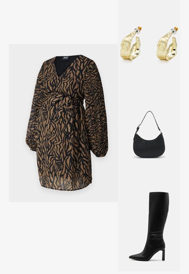 ONLY MATERNITY OLMSTAR DRESS - Denné šaty - dark brown; Even&Odd Čižmy - black; Čierna taška hobo vyrobená z hladkej kože s prehnutým siluetou, s jedným nastaviteľným popruhom a minimalistickými dizajnovými detailmi.; Náušnice v zlatej farbe v tvare abstraktných rúk, s lesklým povrchom, zložitými detailmi a strieborným a zlatým podstavcom pre bezpečné upevnenie.