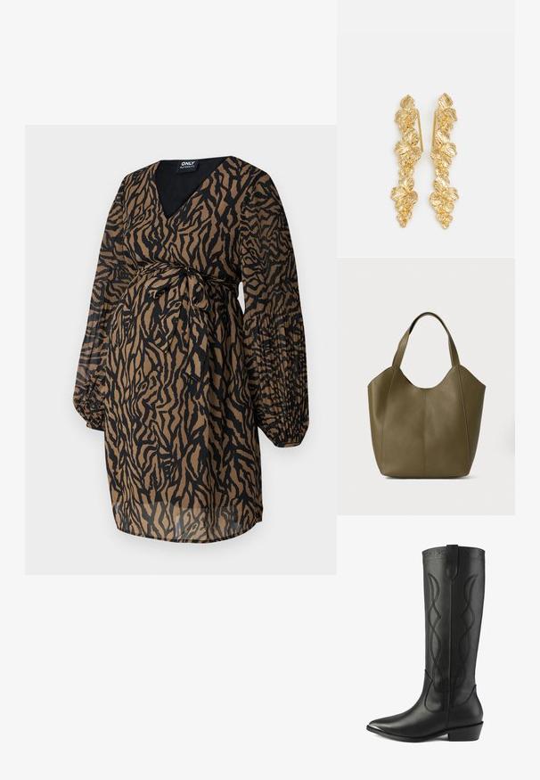 ONLY MATERNITY OLMSTAR DRESS - Hverdagskjole - dark brown; Høje sorte læderstøvler har en spids tå, blokhæls og dekorativ syning med sammenflettede linjer langs skaftet.; Oliven grøn læder tote taske med dobbelte håndtag, glat tekstur og fire panel design. Forstærket syning langs sømmene for holdbarhed.; Guldøreringe designet som kaskader af blade, med detaljerede bladmønstre og en skinnende metallisk finish. Letvægts med en delikat struktur.