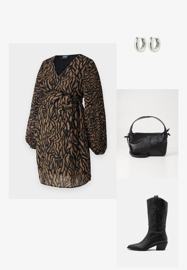 ONLY MATERNITY OLMSTAR - Hverdagskjole - dark brown; Sorte læder cowboystøvler med spids tå, præget svungen mønster og en mid-højde hæl. Har en trækflap for nemt at tage på.; Sort læderhåndtaske med et struktureret design, rund tophåndtag og aftagelig skulderrem. Den har en glat tekstur og en subtil glans.; Sølvøreringe med en glat, afrundet design og en blank finish. Har en enkel hængselåbning for nem påføring.