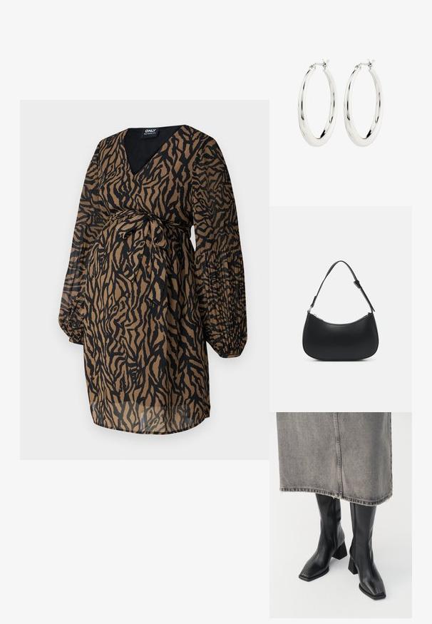 ONLY MATERNITY OLMSTAR - Hverdagskjole - dark brown; Sorte knæhøje støvler i glat læder med firkantet tå og blokeret hæl. Båret med en grå denimnederdel med flosset kant.; Pieces PCALUANA SHOULDER BAG - Håndtasker - black; Sølvøreringe i form af hoops med en glat, blank finish. Cirkulær form, der har en sikker lås. Simpelt og elegant design.
