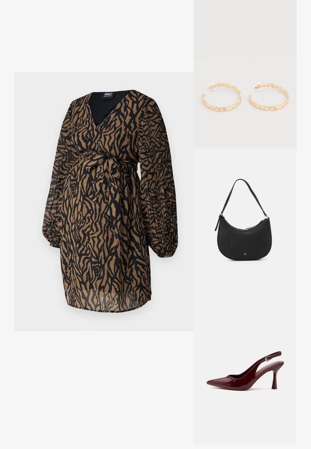 ONLY MATERNITY OLMSTAR DRESS - Denné šaty - dark brown; Lesklý tmavomodrý slamový vysoký podpätok s ostrou špičkou, úzkym nastaviteľným remienkom a zuženým ihličkovým podpätkom na bielom pozadí.; Čierna kožená kabelka s zakriveným tvarom, štruktúrovaným povrchom, prednými švami a zlatým logom. Obsahuje jeden nastaviteľný popruh.; Náušnice v zlatej farbe s nepravidelným vlnitým dizajnom a osadené priezračnými kryštalickými akcentmi, zabezpečené plastovými západkami.